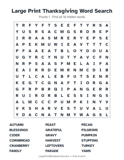 Thanksgiving word search — printable sheet preview