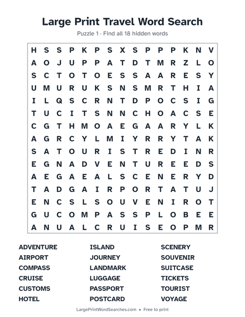 Travel word search — printable sheet preview
