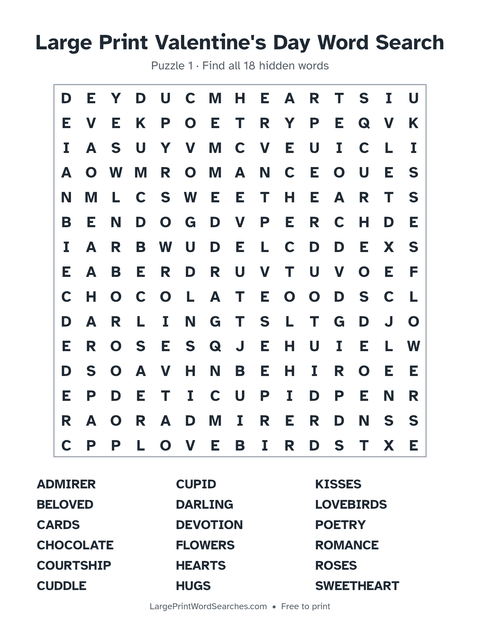 Valentine's Day word search — printable sheet preview