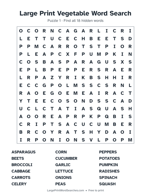Vegetables word search — printable sheet preview