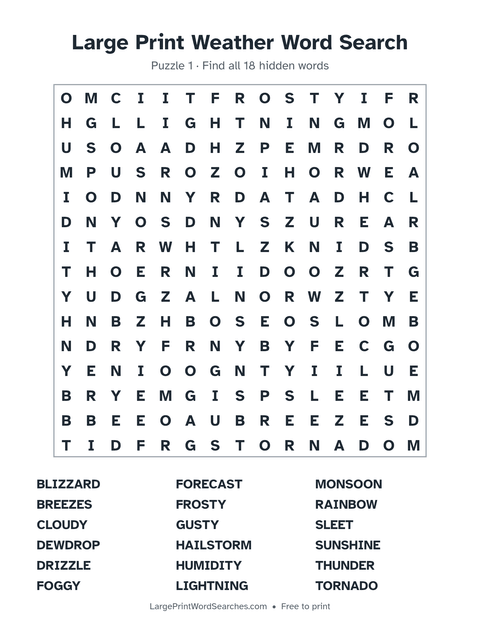 Weather word search — printable sheet preview