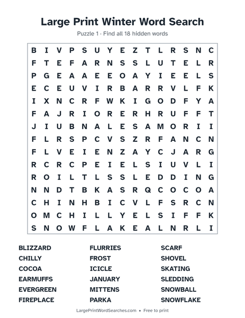 Winter word search — printable sheet preview