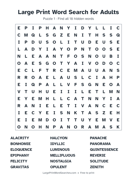 For Adults word search — printable sheet preview