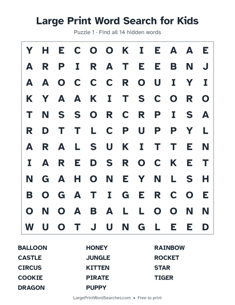For Kids word search — printable sheet preview